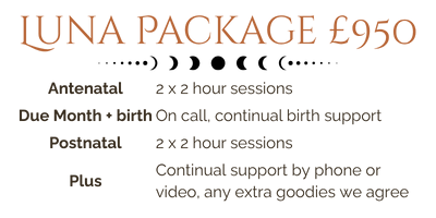 Luna Package - £950. Comprises of 2 x 2 hour antenatal sessions, complete birth support, 2 x 2 hour postnatal sessions, and consistent communication the whole time we work together.